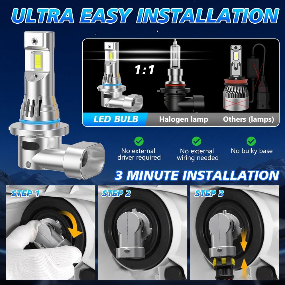 

LED Headlight Bulbs for Hyundai Kia Forte 2017-2021, 9005 High and H7 Low Beam, 6500K White, 55W with Built-in Fan, 4-Pack