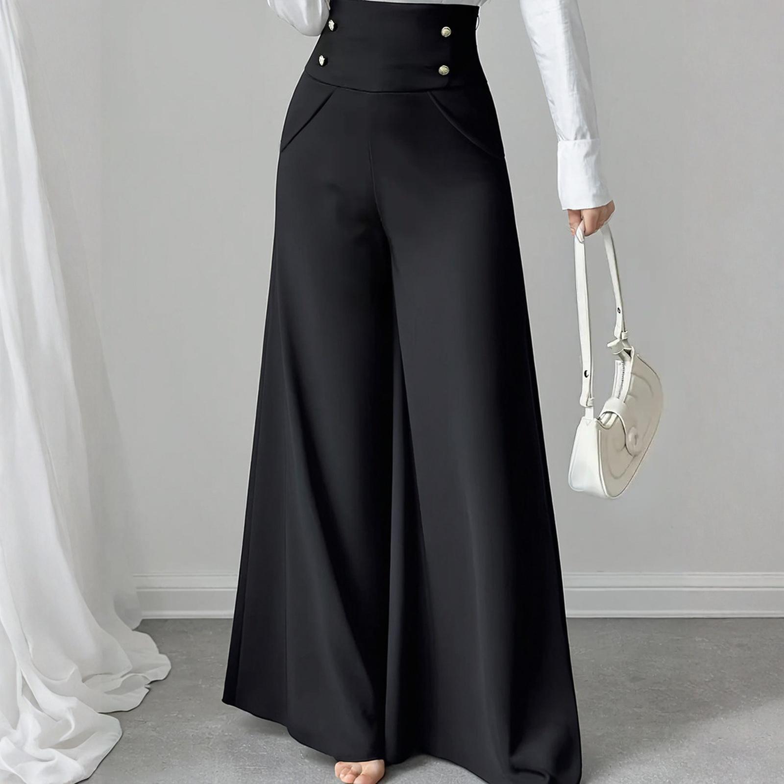 

Жіночі двобортні штани з високою посадкою та широкими штанинами однотонного кольору, що стрункішать і мають драпірування, прямі штани XL чорний