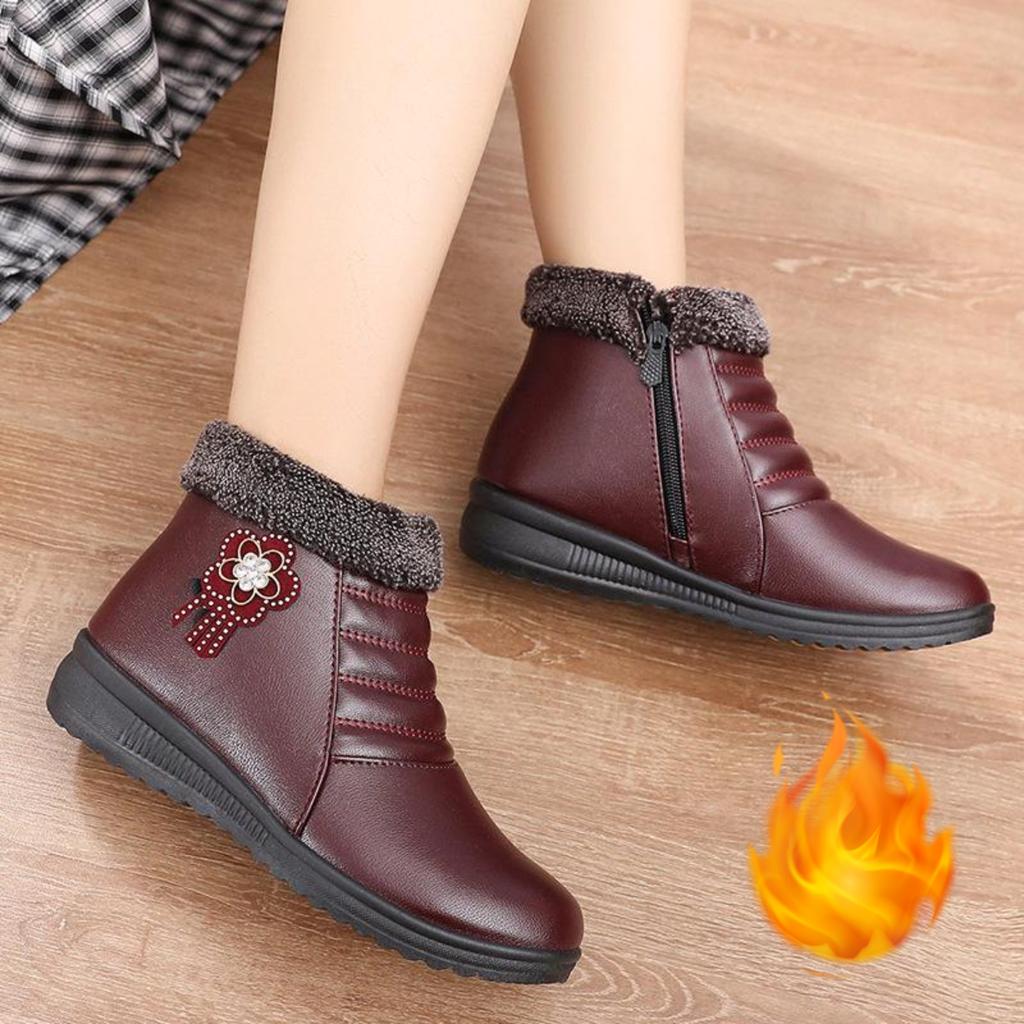 Women's Winter Warm Plush Short Boots, Anti Slip Soft Bottom Side Zipper Design, Red Bow Details, Minimalist Style | Winter Casual Boots
