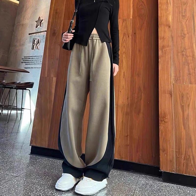 Autumn-Winter American-Style Plus-Fleece Wide-Leg Joggers for Women Color-Block Banana Long Pants In Casual Loose Fit