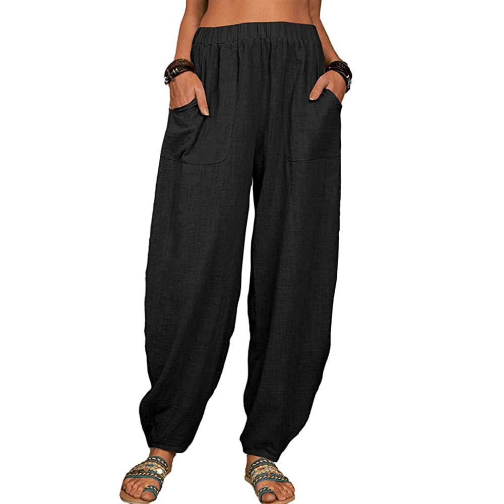 Women's High Waist Harem Pants Loose Fit Trousers Solid Cotton Casual Spring Elastic Waist Long Jogger Pants