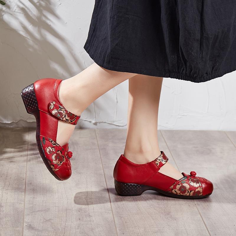 Leather Women's Shoes Retro Woven Mother Shoes Medium and Old Four-season Single Shoes Thick Heel Comfortable Women's Leather Shoes