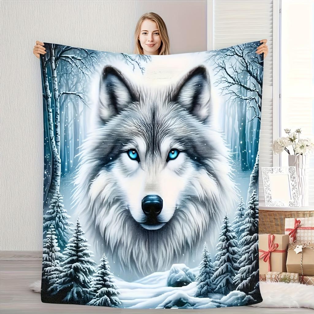 Aesthetic Wolf Portrait Throw Blanket Winter Forest Snow Fleece Throw Cozy Decor for Home Gift Idea Pet Lover Seasonal Warm