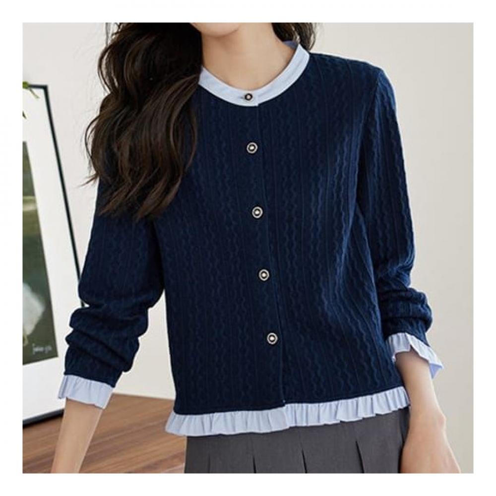 Navava Long Sleeve Knit Cardigan Frill Color Block Nk2034