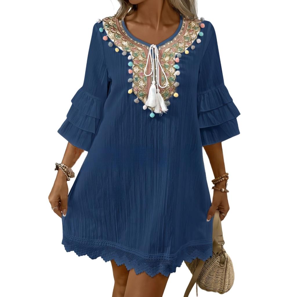 Color Pompom Tassel Solid Color Lotus Leaf Sleeve Lace Casual Bohemian Dress Women