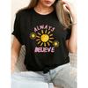 Black T-Shirt with Always (Beueve) and Sun Design | Watercolor Summer Tee, Perfect for Festival, Beach, Outdoor - Light Blue Jeans Outfit Companion,