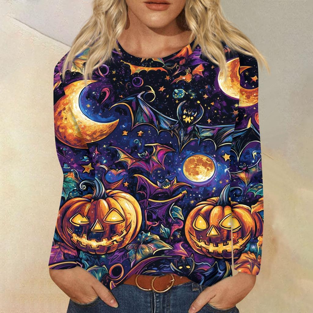 Modisches, lässiges Langarm-Oberteil mit Rundhalsausschnitt und Halloween-Print für Damen