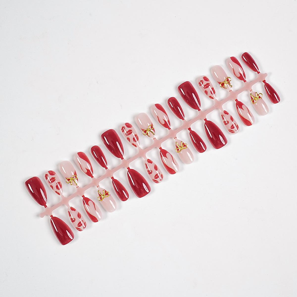 Wine Red Heart Kiss Print Medium Long Almond Nails with Gold Butterfly Art Stickers - 24 Removable Pieces