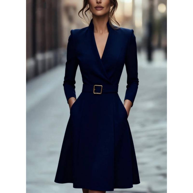 

women s Belted High Waist V Neck Long Sleeve Flared Midi Dress Party Formal Dress 2XL