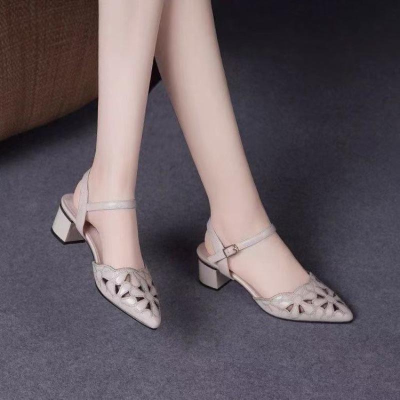 New Style Breathable Mesh Open-toe Women's Pointed-toe Soft Leather Slip-on High-heeled Shoes