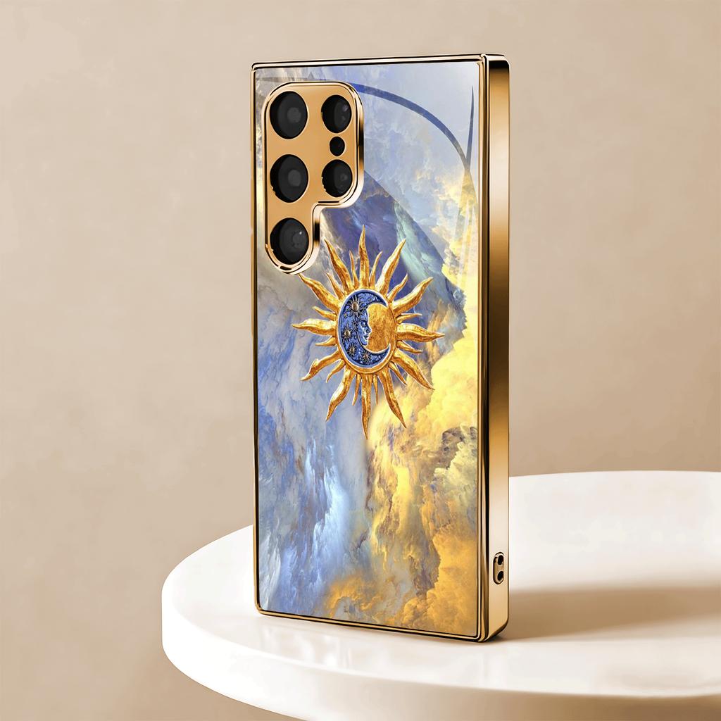 Gold-plated Tempered Glass Phone Case Compatible Galaxy S26 S25 S24 S23 S22 Ultra Plus. Features a Corona Cloud Design.