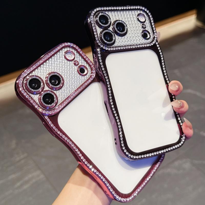 KEYSION Plating Transparent Wavy Rhinestone Phone Case for iPhone 13 14 15 16 17 Pro Max Air 16 Plus Lens Protector Shockproof Cover