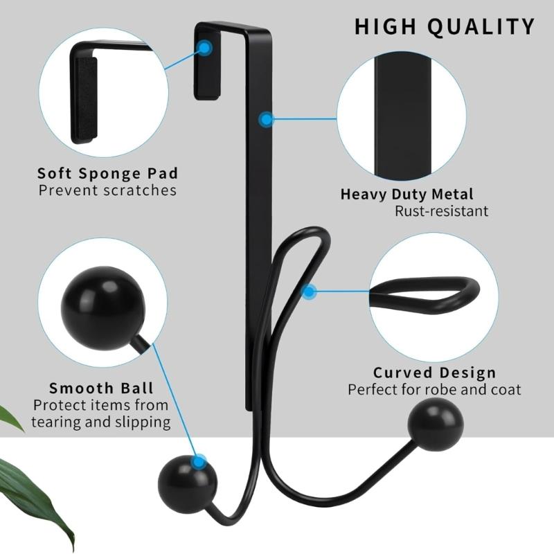 4Pcs Over Door Hooks Featuring Protective Sponge Inserts Fit Door 1.2 To 1.4 Inches Wide Metal Construction Rust Proof