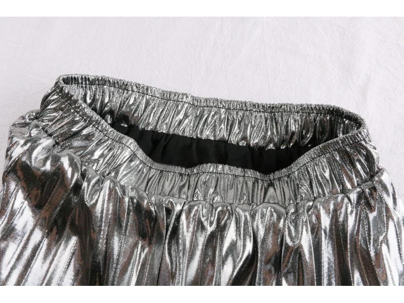 Autumn/Winter 2019 Korean High-Waist Slim Pleated A-Line Skirt with Reflective Metal Details