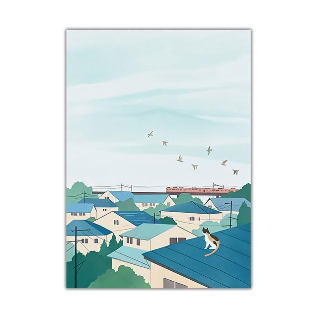 Winter Village Train Landscape Canvas Painting Nordic Anime Style Natural Poster Print Wall Art Picture Modern Home Decoration
