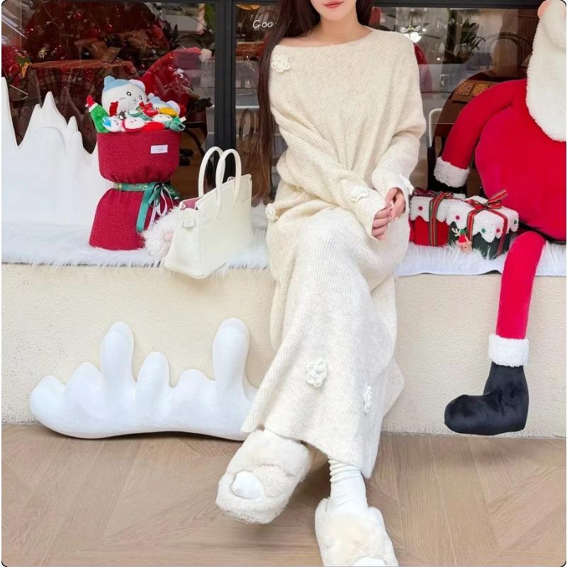 Women's 3D Floral Asymmetric Knit Sweater & Skirt Set Elegant Midi Two Piece Autumn Winter Outfit