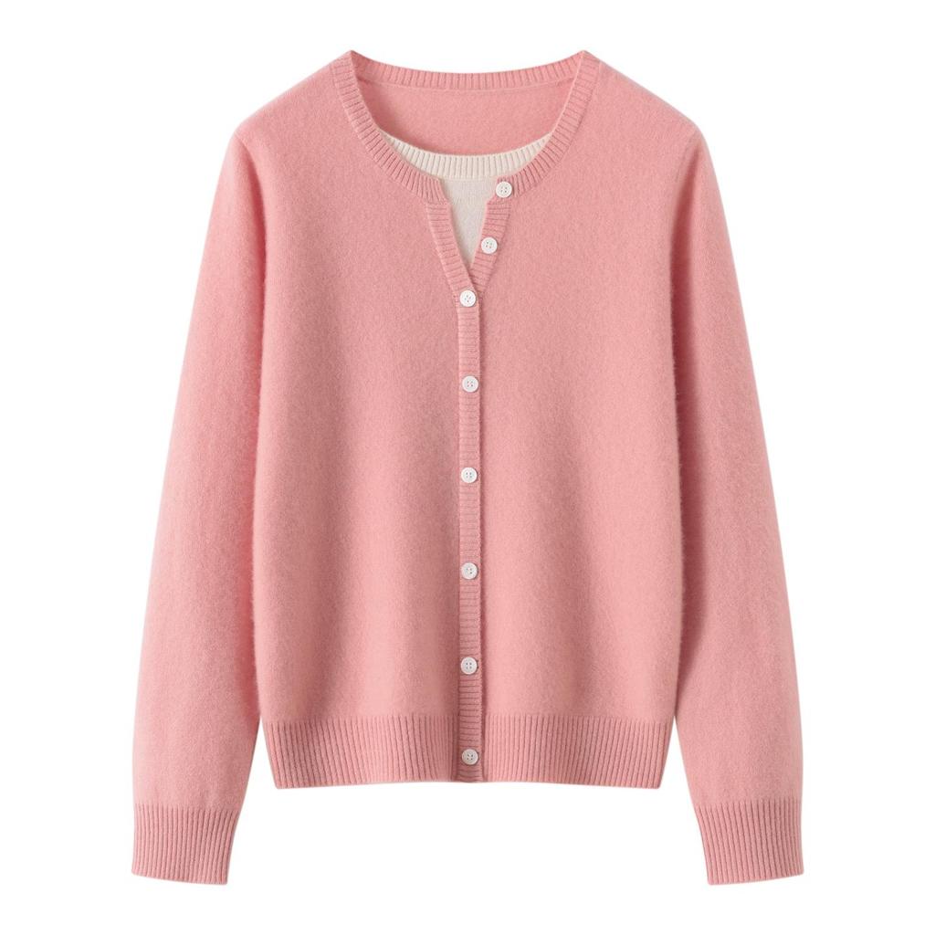 Lekasha Women's 100% Pure Cashmere Round Neck Single-Breasted Pullover with Faux Two-Piece Long Sleeves