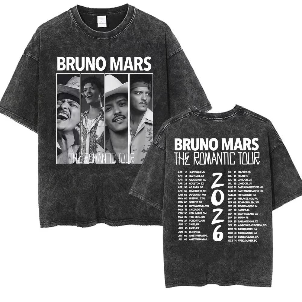 

Bruno Mars The Romantic Tour 2026 Portrait & Signature Vintage Washed Double-Sided Oversized Black T-Shirt | Pop Music Fan Tour Merch Tee M чорний