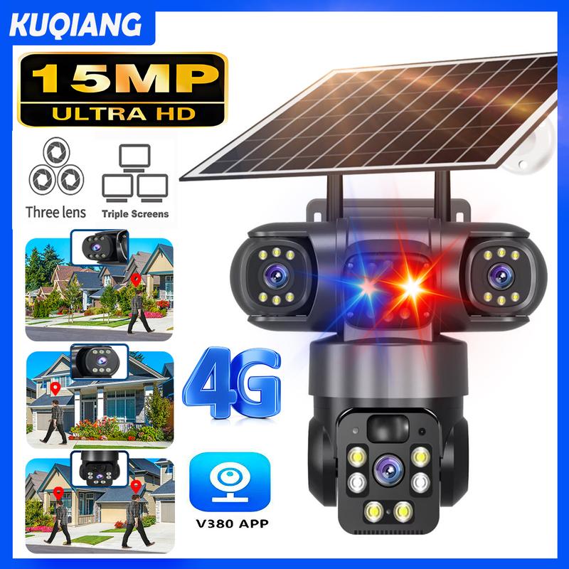 V380 15MP 4G SIM Solar Camera Outdoor Triple Lens Three Screen Two-Way Audio Auto Tracking Security Camera CCTV PTZ Surveillance