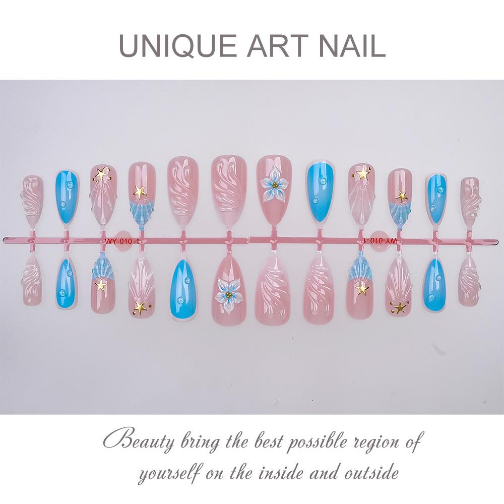 3D Handmade Resin Shell Pattern French Flower Almond-Shaped Wearable Nails - 24 Pieces