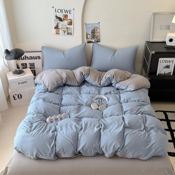 new solid color washed cotton four-piece set Shuangpin student dormitory single bedding three-piece set