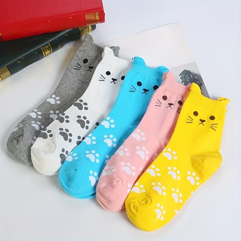 1pair Five Pairs of ' Crew Socks Featuring A Cartoon Cat Design Made From Thick Comfortable and Breathable Material