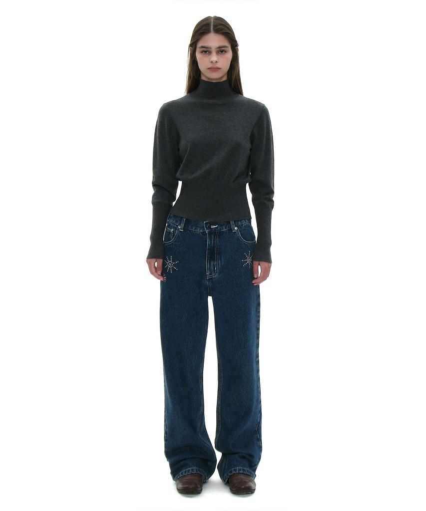PARTIMENTO WOMEN Pwc High-Neck Back Button-Up Knit Top_Charcoal Melange