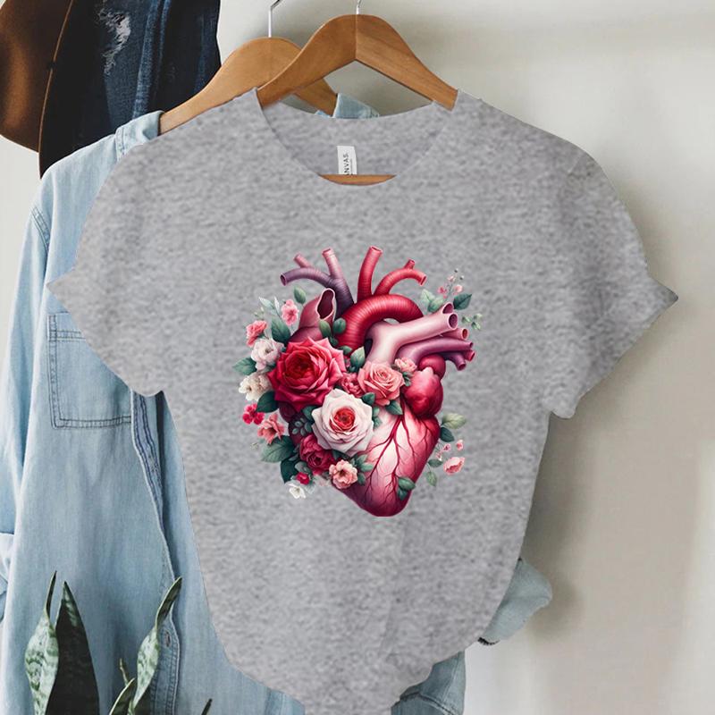 Watercolor Heart Floral Tshirt Women Funny Anatomical Graphic Tee Shirt Top Aesthetic Vintage Women Cardiology Nursing Tshirts