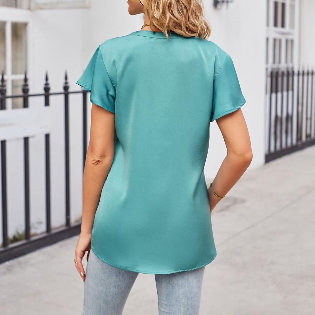 Women's Fashion Satin V-Neck Ruffle Sleeve Casual Loose Solid Colour Top