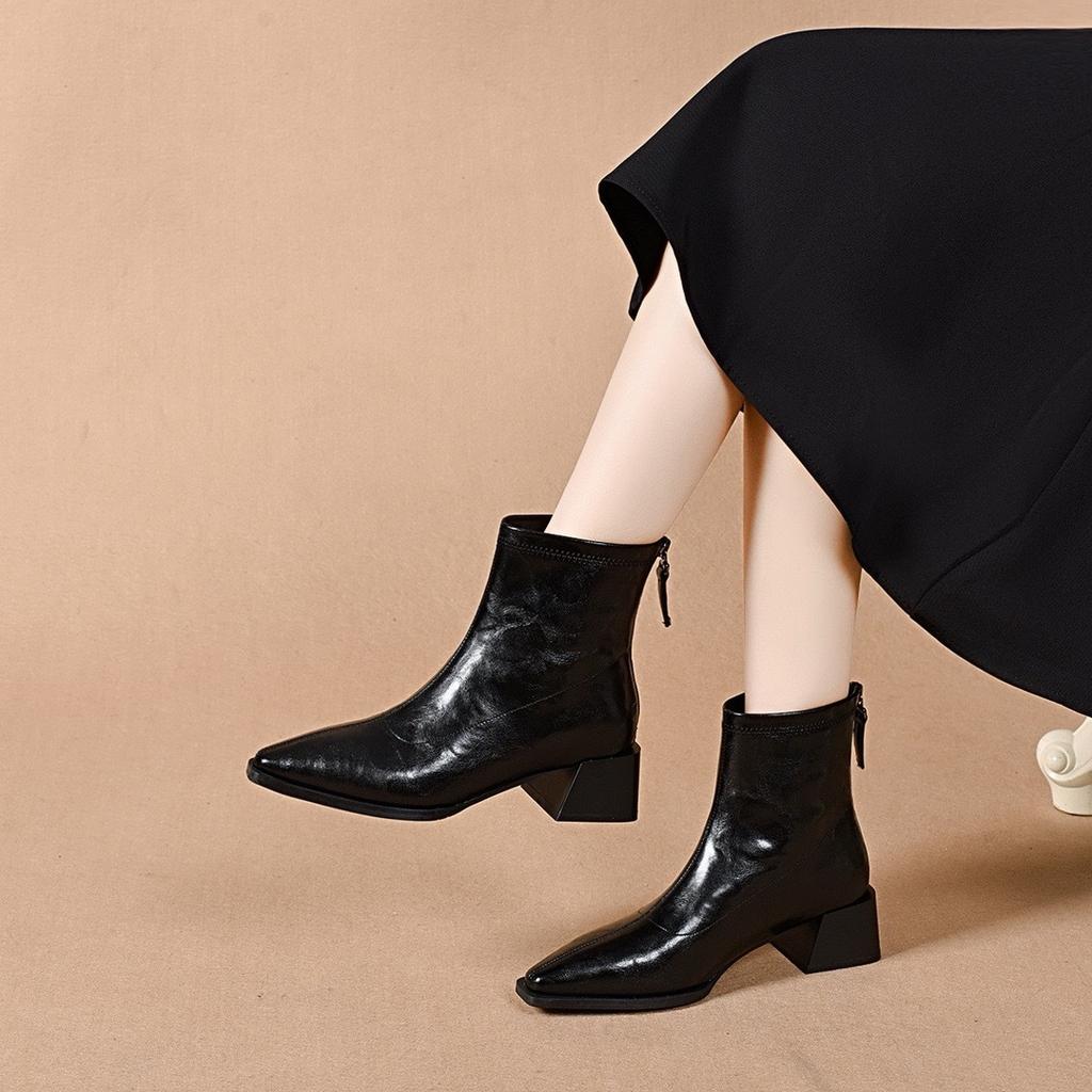 Pointed Short Boots Straight Boots Women's Simple Temperament Rear Zipper Leather Boots High Heel Chelsea Boots