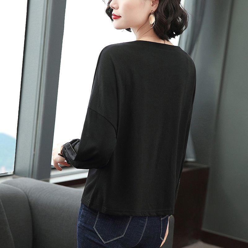 New Spring and Autumn Fashion Commuting Simple Round Neck Hot Diamond Design Feel Sleeves Loose and Casual Oversize T-shirt