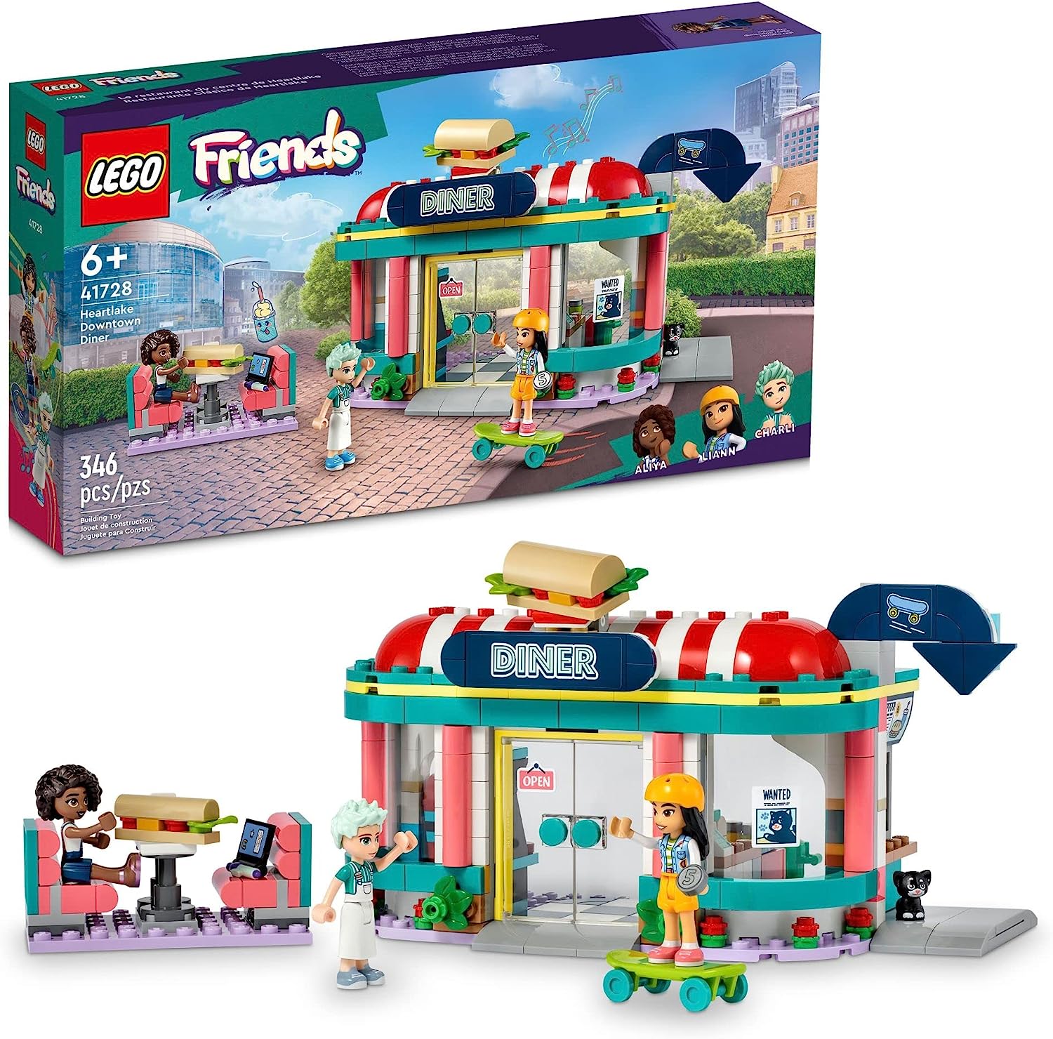

LEGO Friends Heartlake Downtown Diner 41728, ресторанный игровой набор, игрушка для детей от 6 лет, идея подарка на день рождения с мини-куклами Лианн, Алией и Чарли