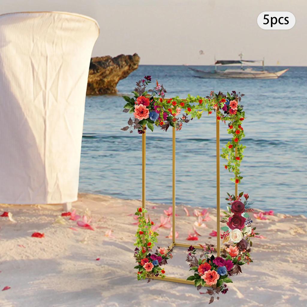 5-Piece Set 60cm Wedding Flower Stands Gold Geometric Iron Aisle Markers Removable Square T-Stage Decor for Elegant Celebrations