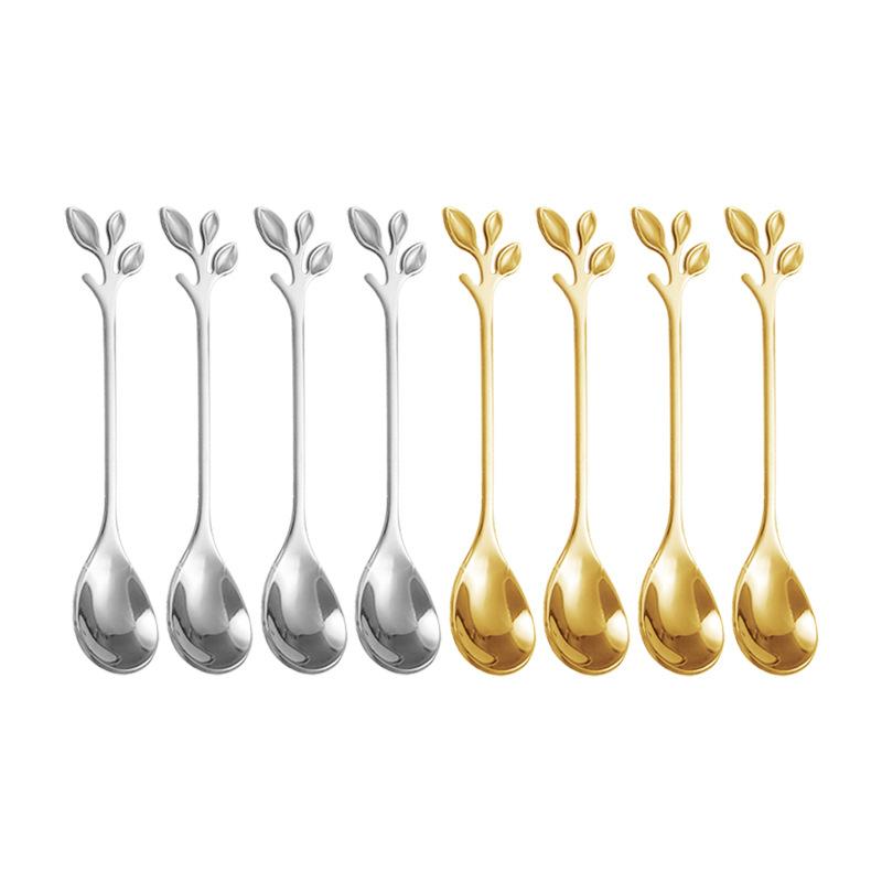 6PCS Creative Personality Stainless Steel Gold Spoons Tree Leaf Spoon Coffee Spoon Tea Spoon Home Restaurant Dessert Cutlery Set