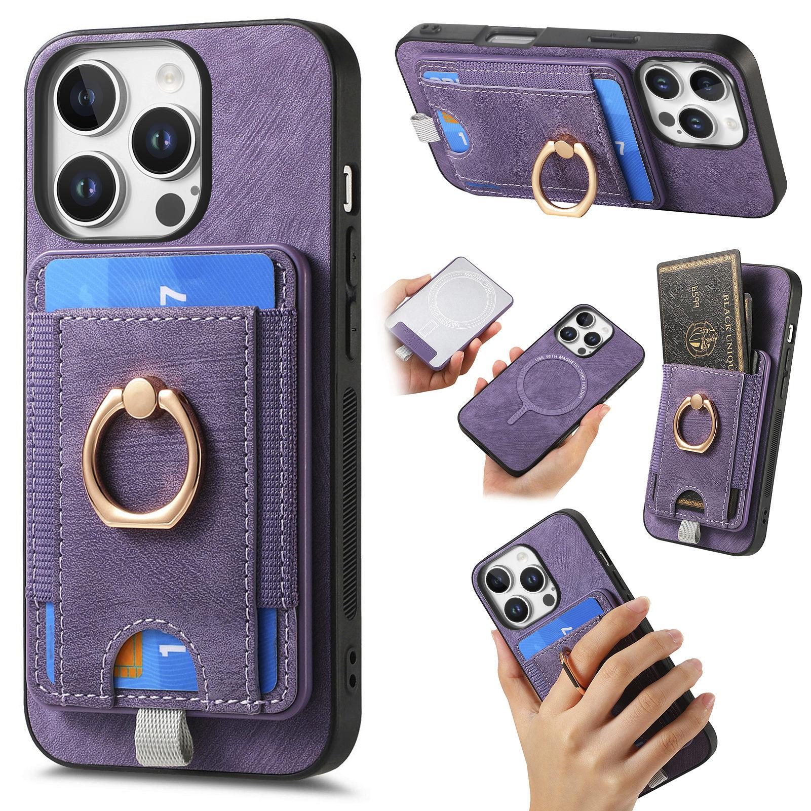 

For iPhone 16 Pro Magnetic Case PU Leather Back Cover with Detachable Card Holder Purple