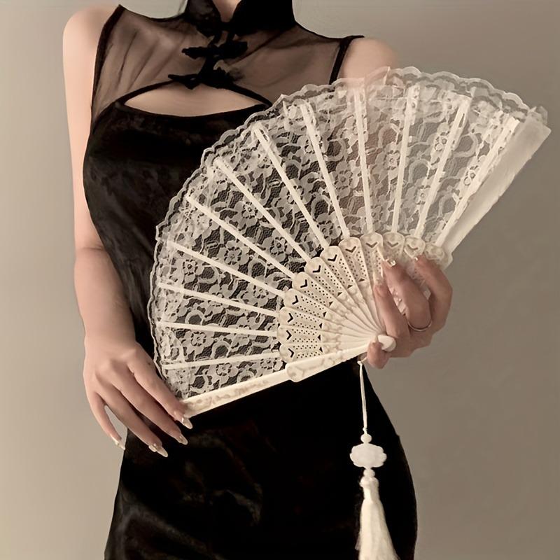 Vintage Chinese Lace Fan - Floral Pattern Black & Golden Tassel Handheld Cooling Fan, Photo Props, Summer Fashion Accessory