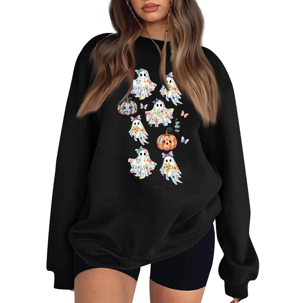 Women's Neck Long Sleeve Loose Fit Casual Sweatshirt Pullover Top with Halloween Print