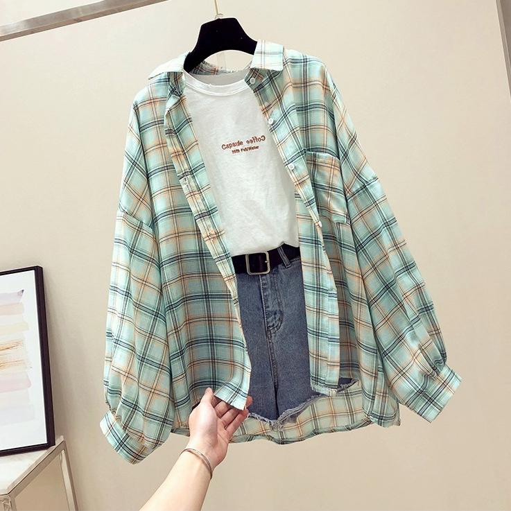 Camicia a quadri a maniche lunghe da donna, giacca estiva ampia, protezione solare, top da donna, camicia stile pigro