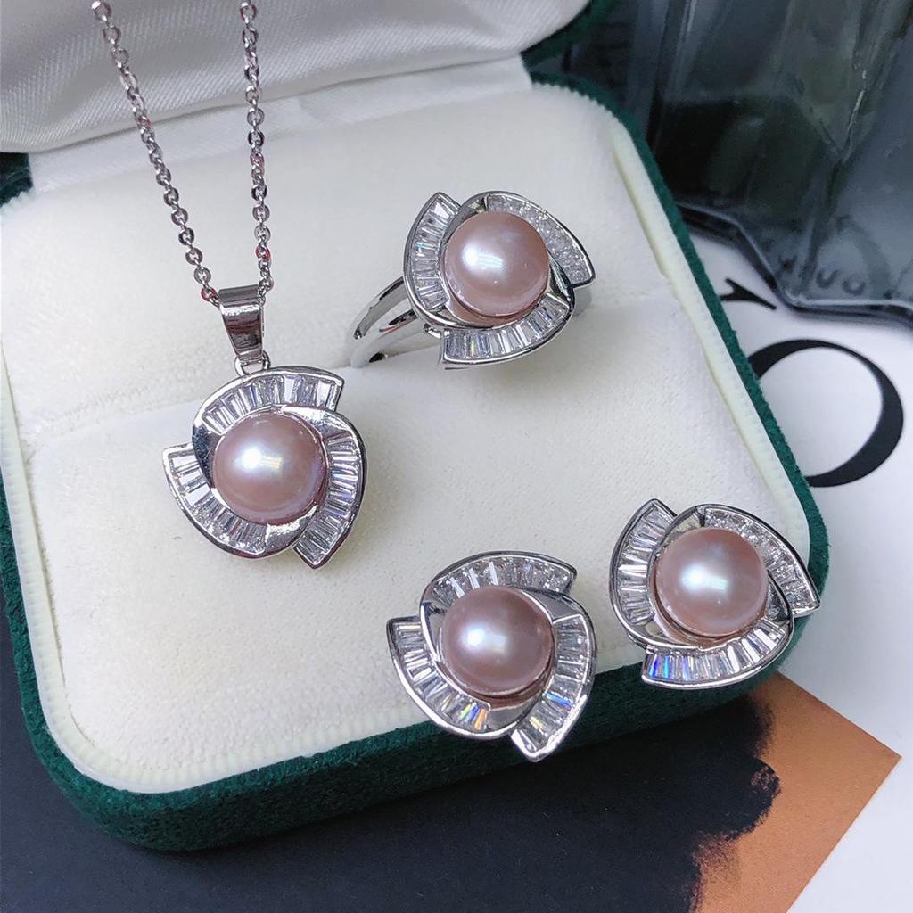 Freshwater Pearl Jewelry Set: Earrings, Ring, Necklace