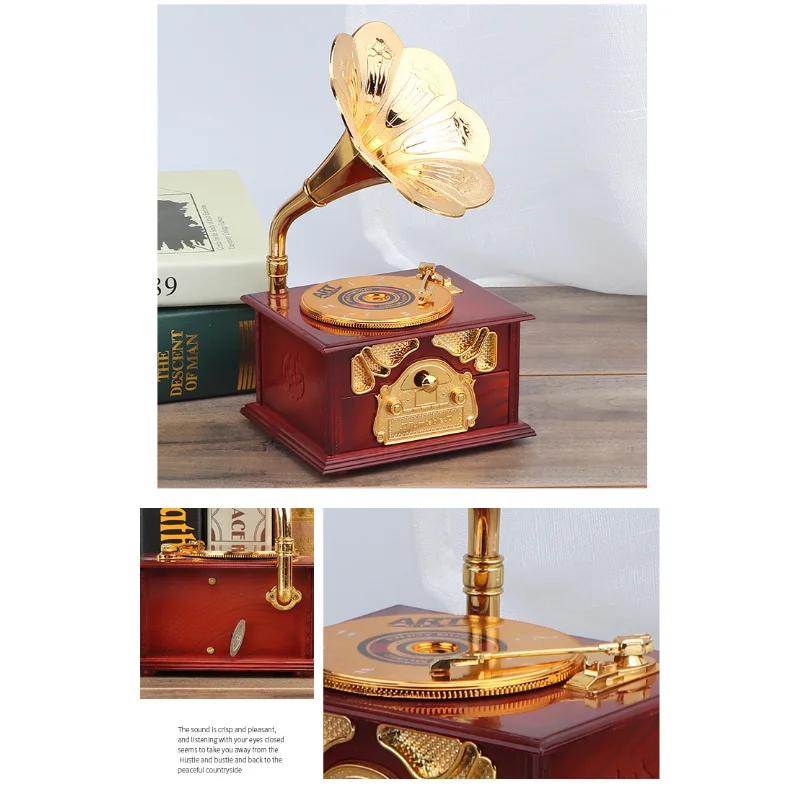 Luxury Home Ornaments Vintage Antique Wooden Metal Phonograph Music Box for Living Room Desktop Decoration Birthday Gifts