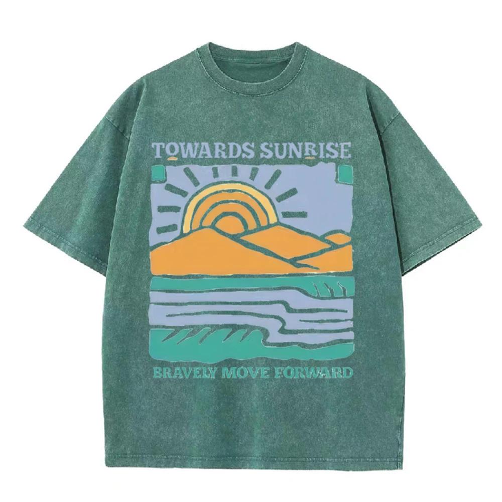 2026 Vintage Sunrise Mountain Lake Landscape Graphic Black Acid Washed T Shirt Retro Outdoor Inspirational Slogan Oversized Unis