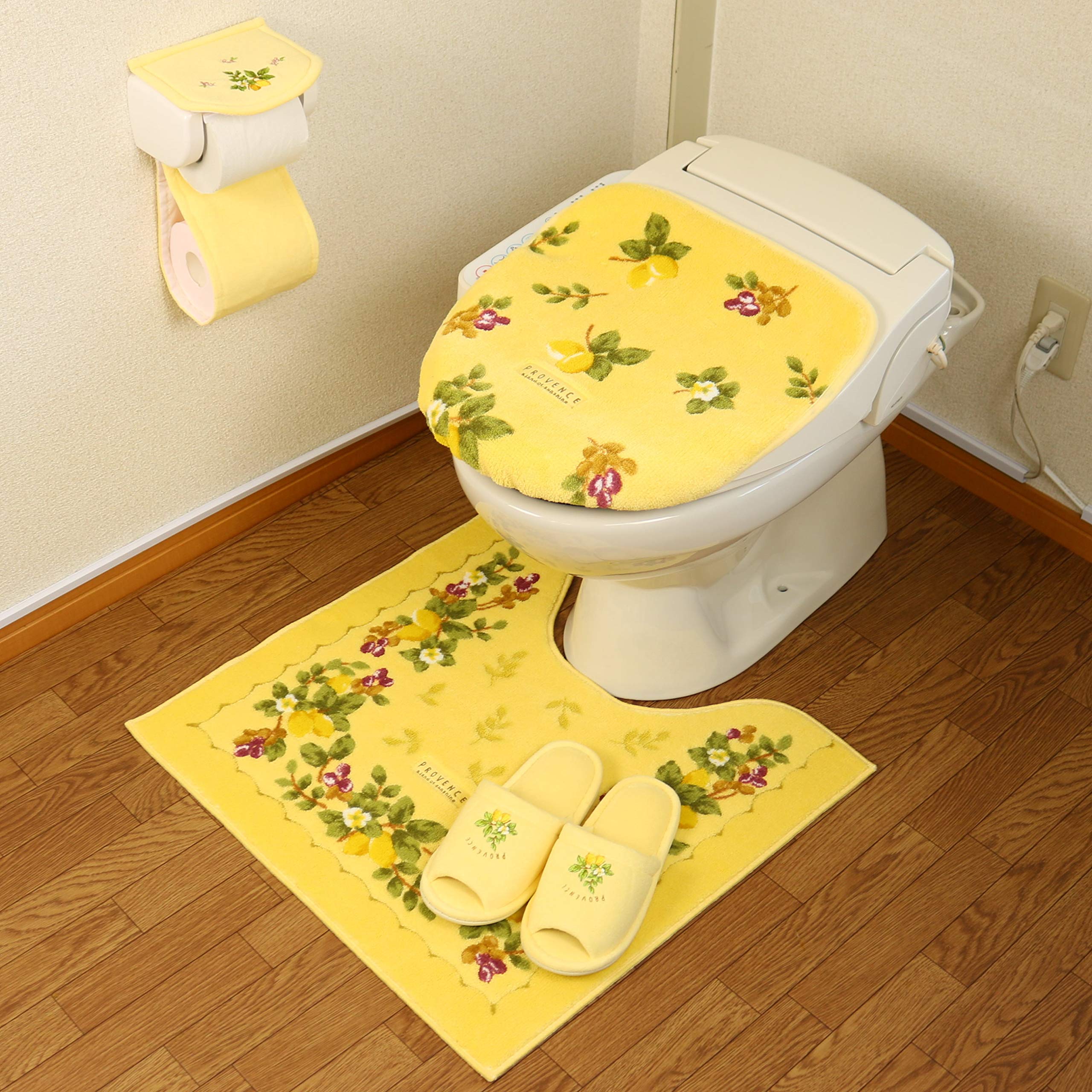 

4-Piece Yellow Toilet Mat Set (Made in Japan) - Includes Mat, Lid Cover, Slippers, and Paper Holder Cover. Stylish Provence Ciel design with antibacte