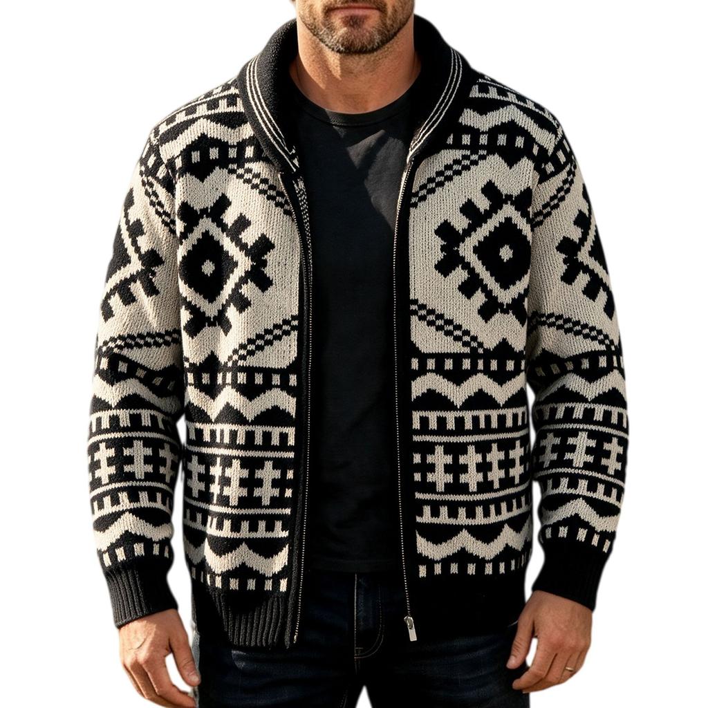 Shawl Collar Cardigan Sweater for Men Casual Zip Up Knitted Sweaters Jacquard Pattern Knit Jackets Men's Fall Warm Long Sleeve Sweater Cardigans