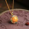 Natural Amber Sterling Silver Enamel Peace Pendant for Women, Chinese Style Gold-plated Silver Collarbone Chain Necklace