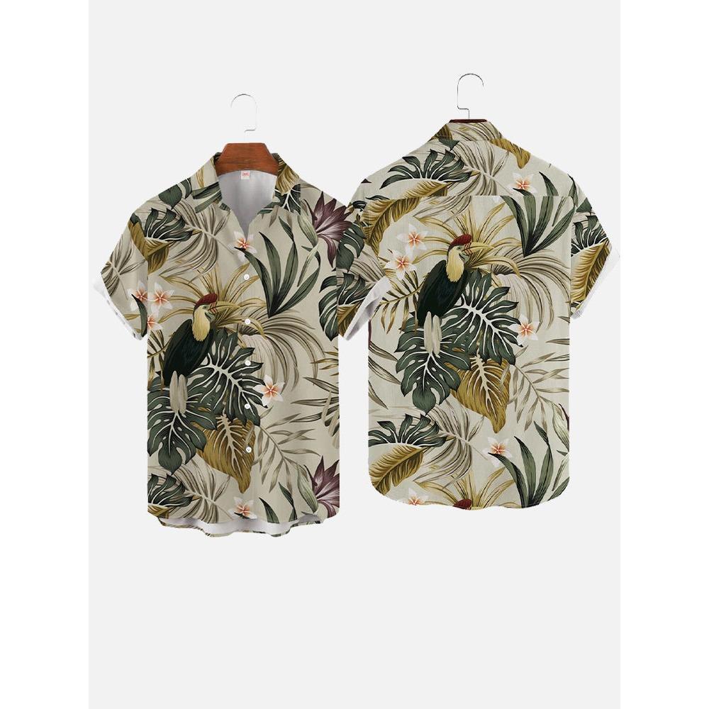 Men's Hawaiian Plant Print Shirts Vacation Vintage Leaf Fashion Summer Button Shirt Beach Casual Lapel