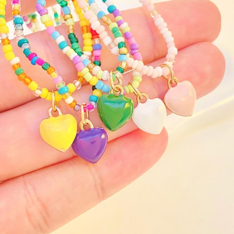 Colorful Beaded Necklaces Women Adjustable Heart Shapes Pendant Neckchains Bohemian Choker Colorful Accessory for Party