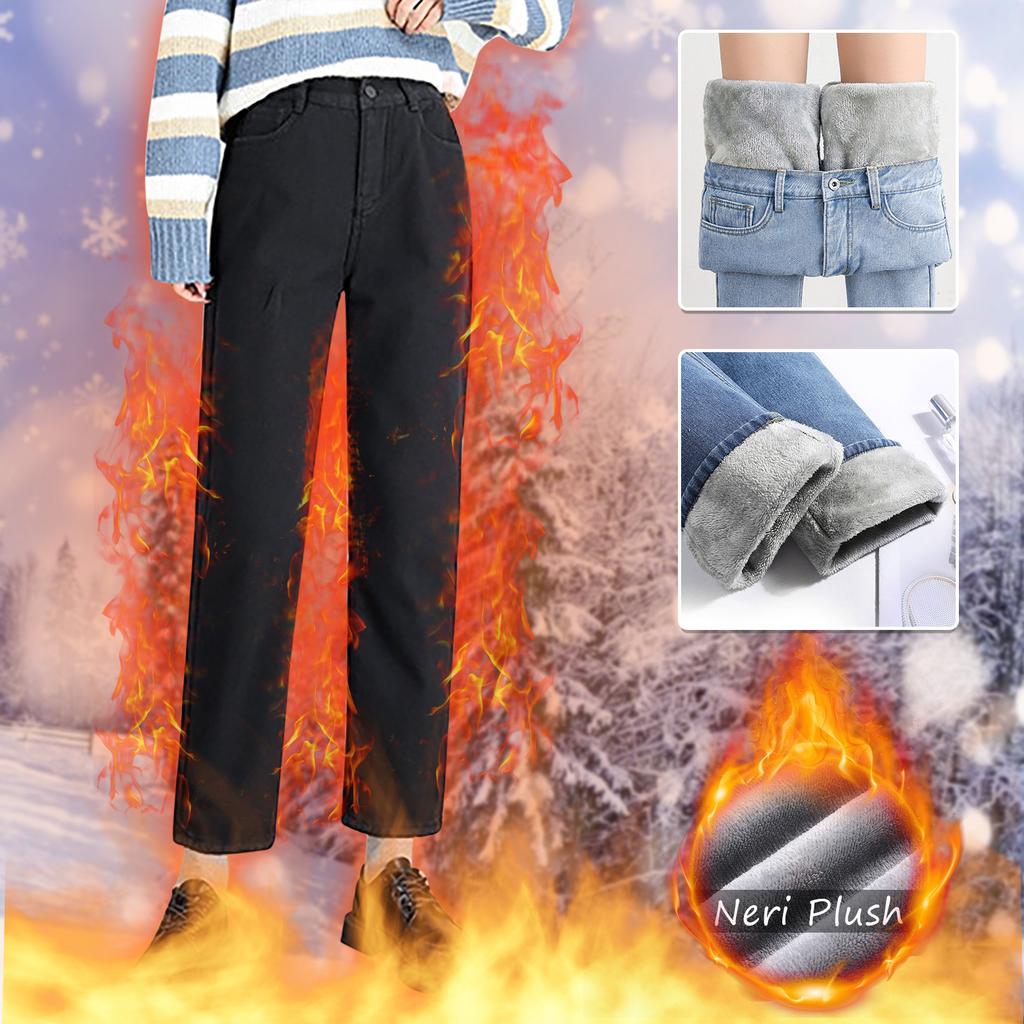 Fashion Women Plus Velvet Loose High Waist Casual  Jeans Straight Pants