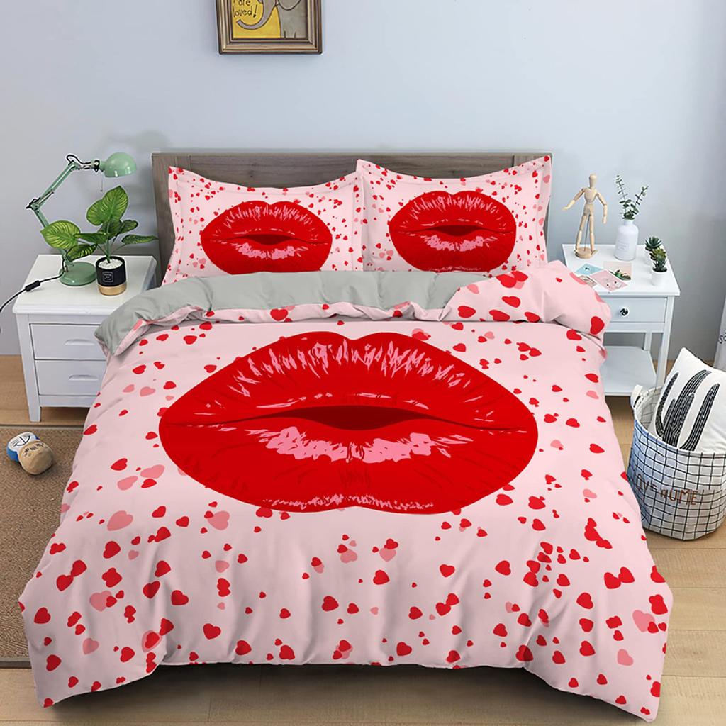 Paris Bettbezug mit roten Lippen, Kussspuren, Dekor, Bettwäsche für Mädchen und Erwachsene, Eiffelturm-Bettbezug, romantische Raumdekoration für Frauen