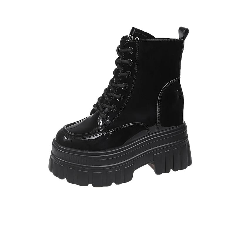 High Platform Ankle Boots Women Lace-up Combat Motorcycle Boots Classic Punk Leather Shoes Woman Thick Soles Warm Fur Snow Boots