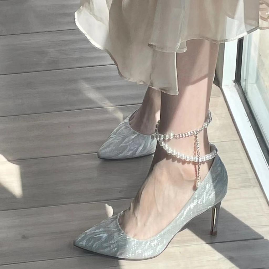 Silver high heels women's 2025 new pointed-toed stiletto pearl light mouth word with high-end wedding shoes single shoes women